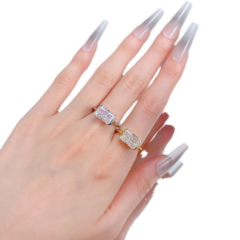 S925 Silver Plated Inlaid 7 11mm Rectangular Ice Flower Cut Ring